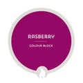 Round raspberry color swatch with 'Raspberry' text on a white background
