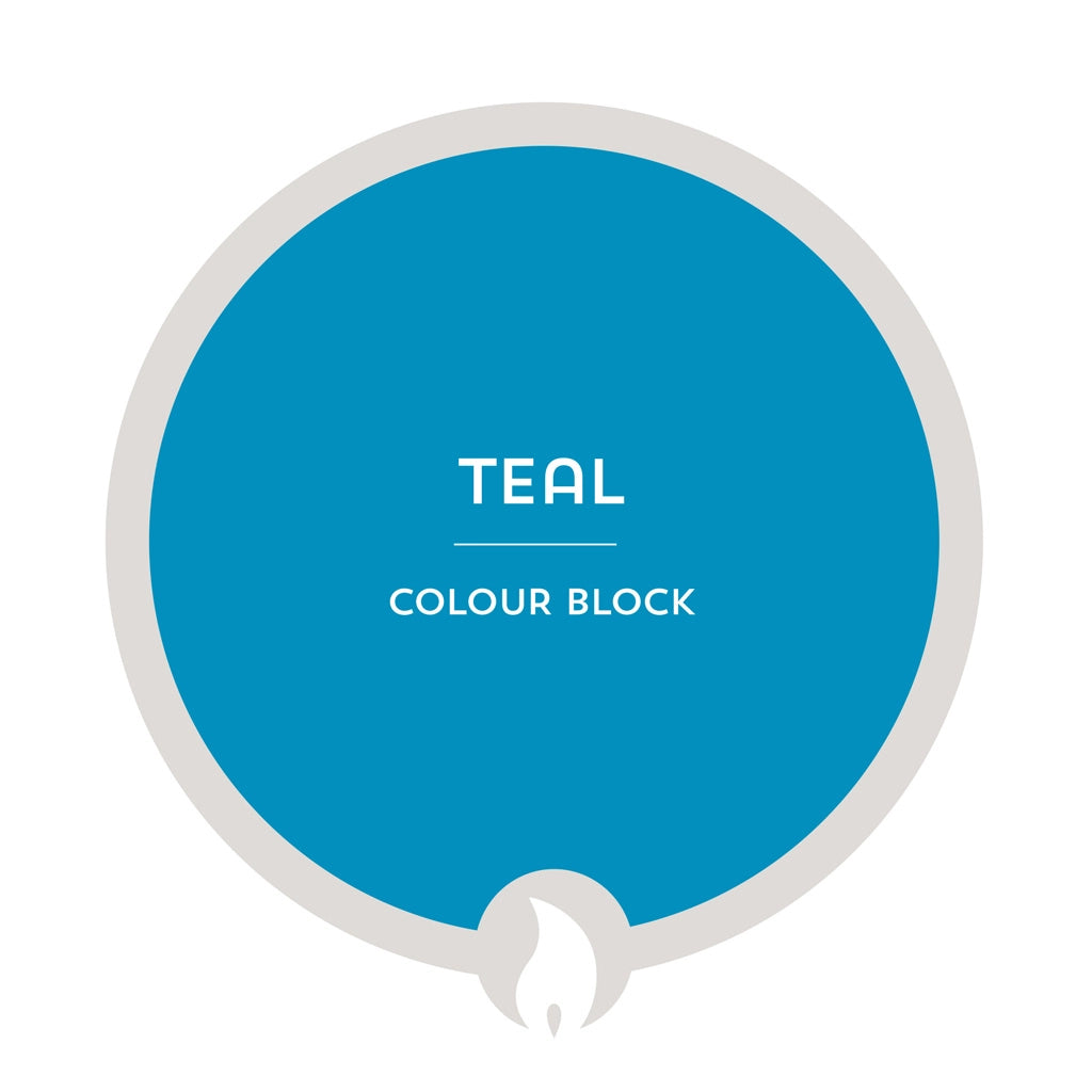 Teal color swatch with 'Teal Colour Block' text on a white background